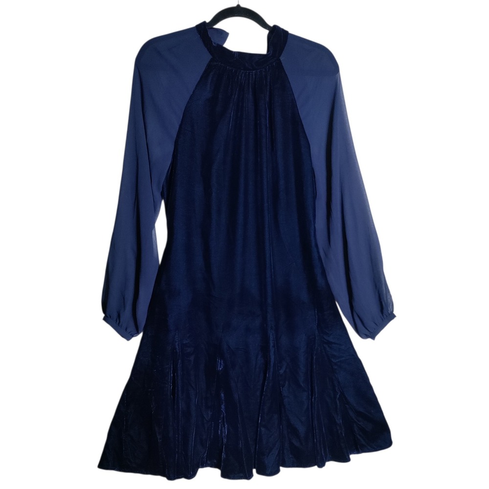 White House Black Market Velvet Sheer Sleeve Mini Dress Blue 10 NEW